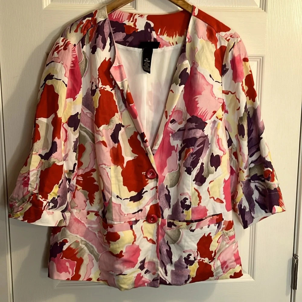 ☀️Maggie Barnes women blazer 0X 14 16 floral linen blend hip  length 3/4 sleeves